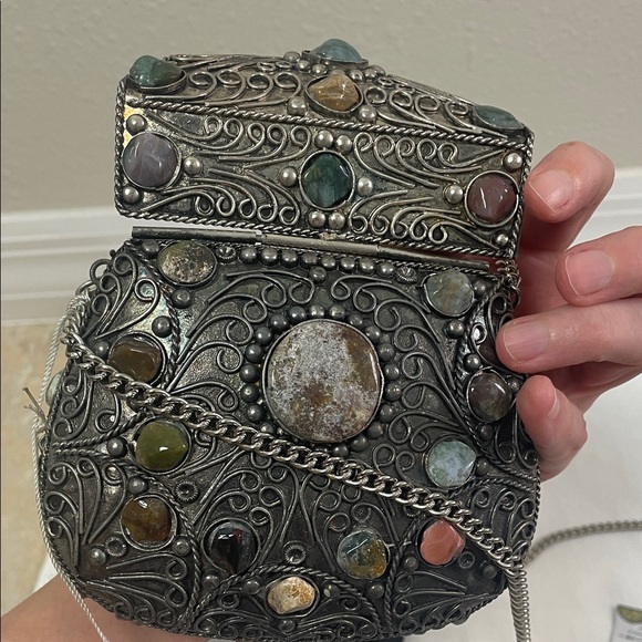 vintage Handbags - Vintage Metal Purse Sajai With Natural Agate Stones Long Chain mini bag
